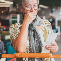 Woman looking at her grocery store receipt