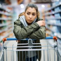 Concerned woman grocery shopping